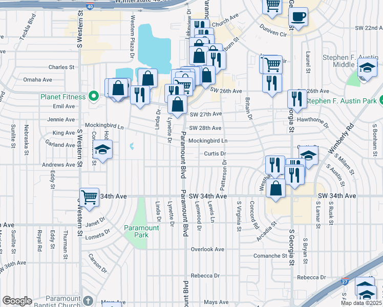 map of restaurants, bars, coffee shops, grocery stores, and more near 3201 Villa Place in Amarillo