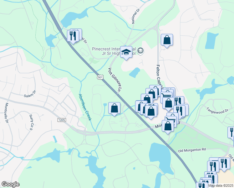 map of restaurants, bars, coffee shops, grocery stores, and more near 100 Voit Gilmore Lane in Pinehurst