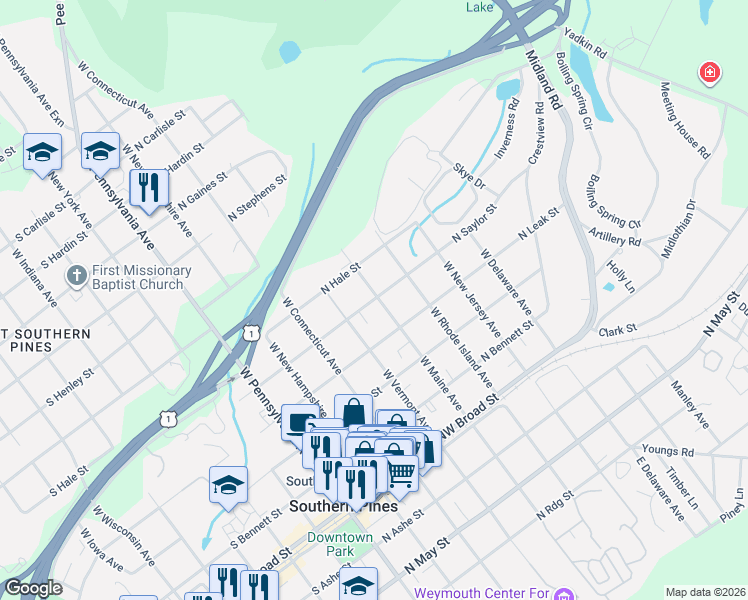 map of restaurants, bars, coffee shops, grocery stores, and more near 495 West Maine Avenue in Southern Pines