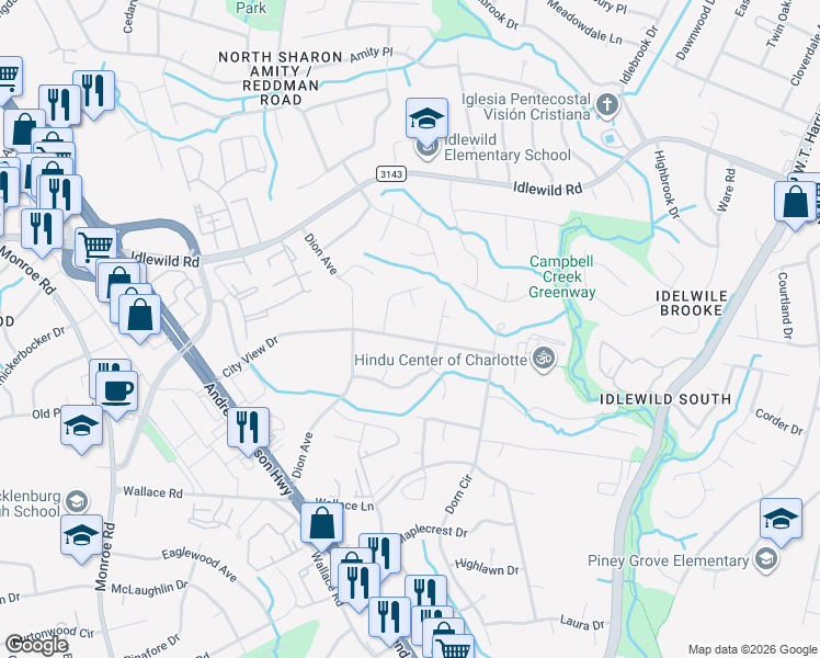 map of restaurants, bars, coffee shops, grocery stores, and more near 7107 City View Drive in Charlotte