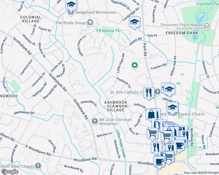 map of restaurants, bars, coffee shops, grocery stores, and more near 1300 Jersey Lane in Charlotte