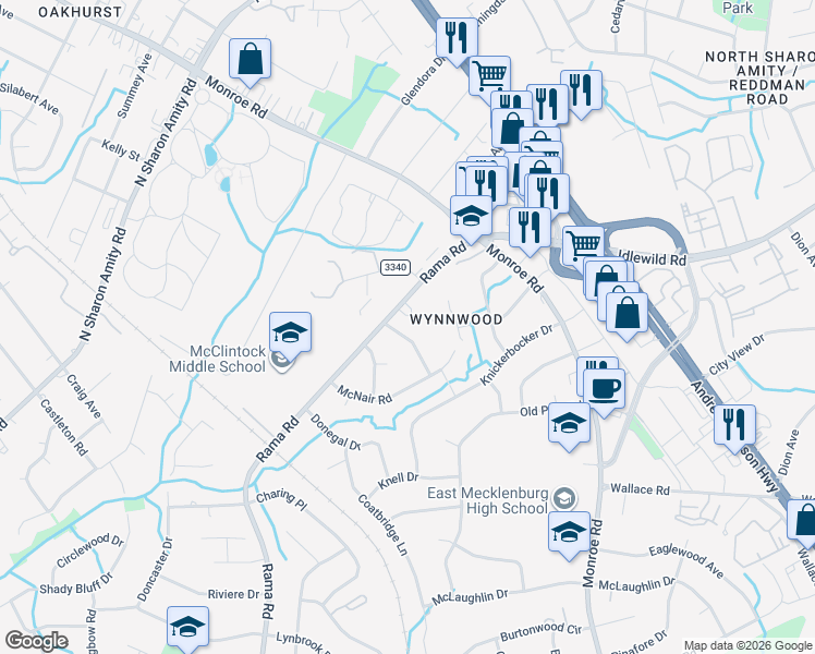 map of restaurants, bars, coffee shops, grocery stores, and more near in Charlotte