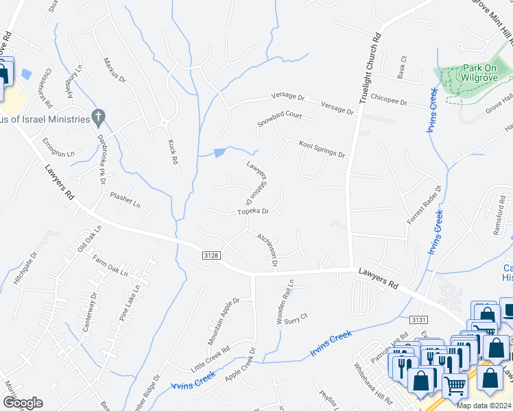 map of restaurants, bars, coffee shops, grocery stores, and more near 10209 Topeka Drive in Mint Hill