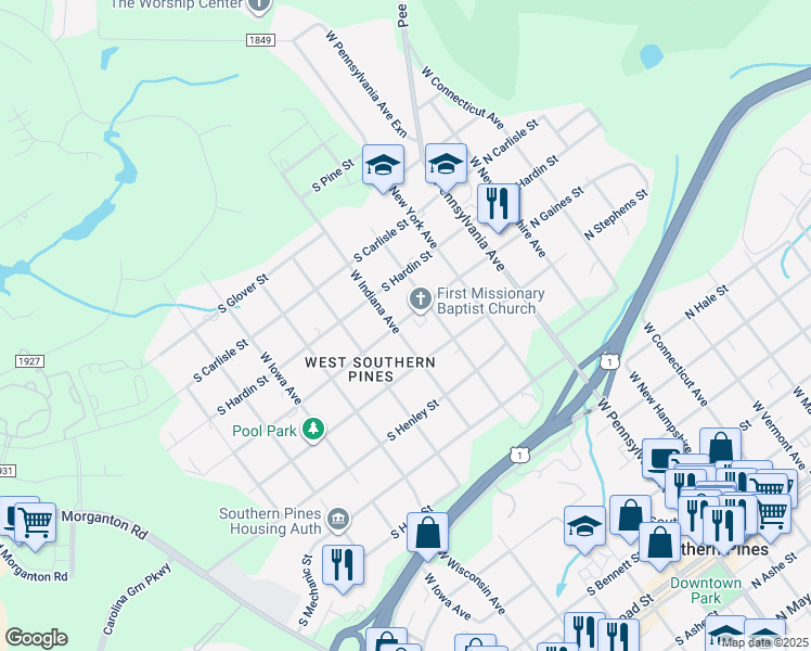 map of restaurants, bars, coffee shops, grocery stores, and more near 373 South Gaines Street in Southern Pines
