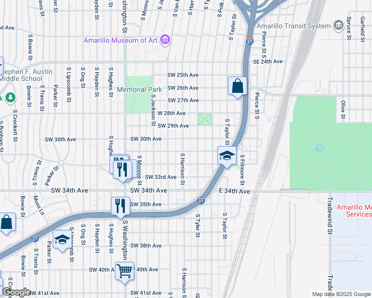 map of restaurants, bars, coffee shops, grocery stores, and more near 3100 South Harrison Street in Amarillo