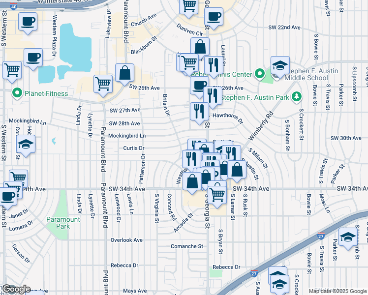 map of restaurants, bars, coffee shops, grocery stores, and more near 2712 Duncan Drive in Amarillo