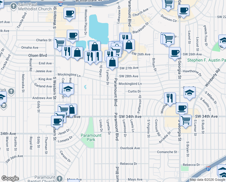 map of restaurants, bars, coffee shops, grocery stores, and more near 3110 Paramount Boulevard in Amarillo