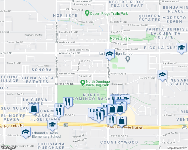 map of restaurants, bars, coffee shops, grocery stores, and more near 7320 Tricia Road Northeast in Albuquerque