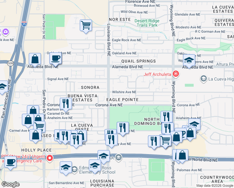 map of restaurants, bars, coffee shops, grocery stores, and more near 7012 Red Hawk Road Northeast in Albuquerque