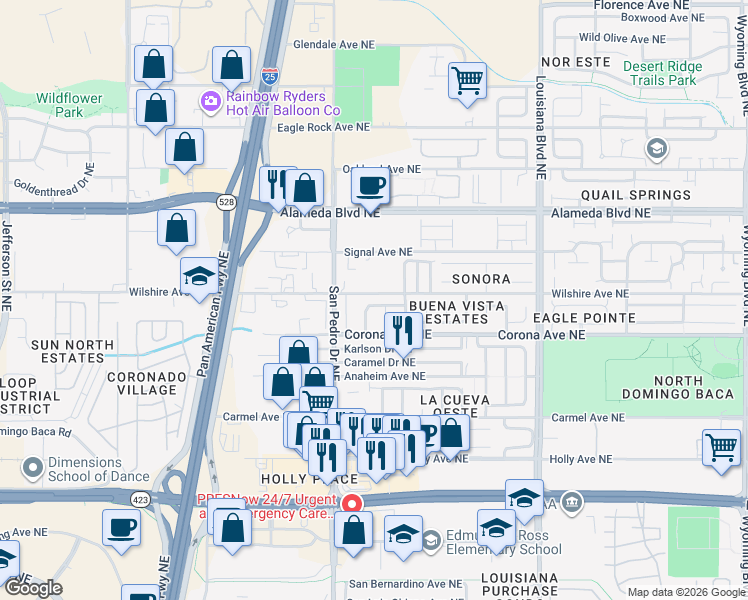 map of restaurants, bars, coffee shops, grocery stores, and more near 8515 Rancho Del Cerro Drive Northeast in Albuquerque