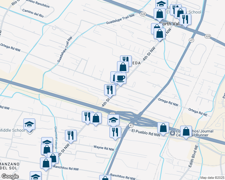 map of restaurants, bars, coffee shops, grocery stores, and more near 8817 4th Street Northwest in Los Ranchos de Albuquerque