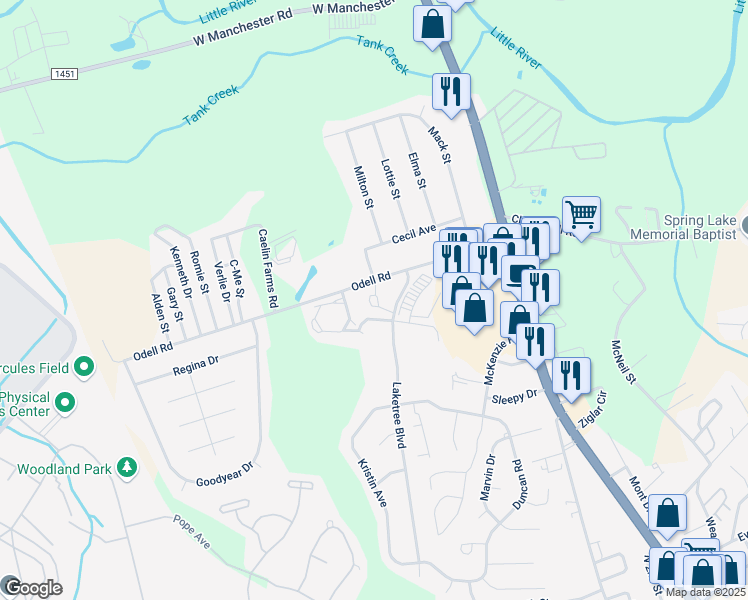 map of restaurants, bars, coffee shops, grocery stores, and more near 608 Wellingly Circle in Spring Lake