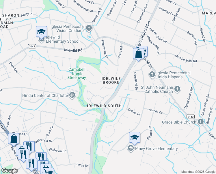 map of restaurants, bars, coffee shops, grocery stores, and more near 7121 Idlewild Brook Lane in Charlotte