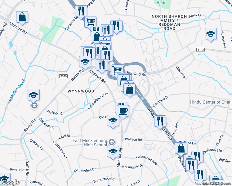 map of restaurants, bars, coffee shops, grocery stores, and more near 6425 State Road 1009 in Charlotte