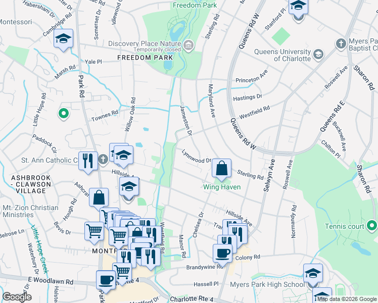 map of restaurants, bars, coffee shops, grocery stores, and more near in Charlotte