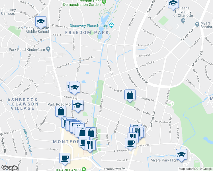 map of restaurants, bars, coffee shops, grocery stores, and more near 1944 Lynnwood Drive in Charlotte