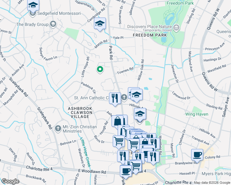 map of restaurants, bars, coffee shops, grocery stores, and more near in Charlotte