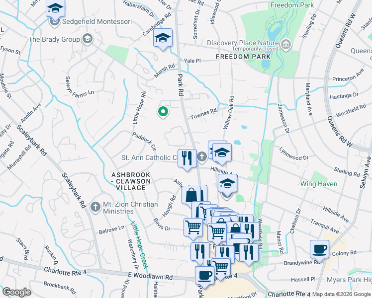 map of restaurants, bars, coffee shops, grocery stores, and more near in Charlotte