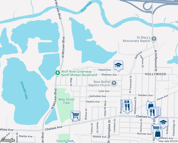 map of restaurants, bars, coffee shops, grocery stores, and more near 2112 Shannon Avenue in Memphis