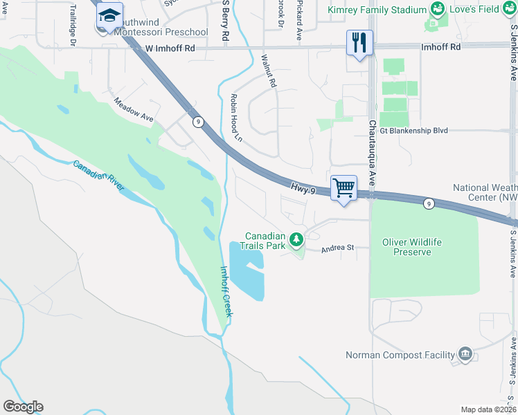 map of restaurants, bars, coffee shops, grocery stores, and more near 3321 Pinehurst Drive in Norman