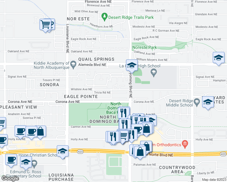 map of restaurants, bars, coffee shops, grocery stores, and more near 7405 Tricia Road Northeast in Albuquerque