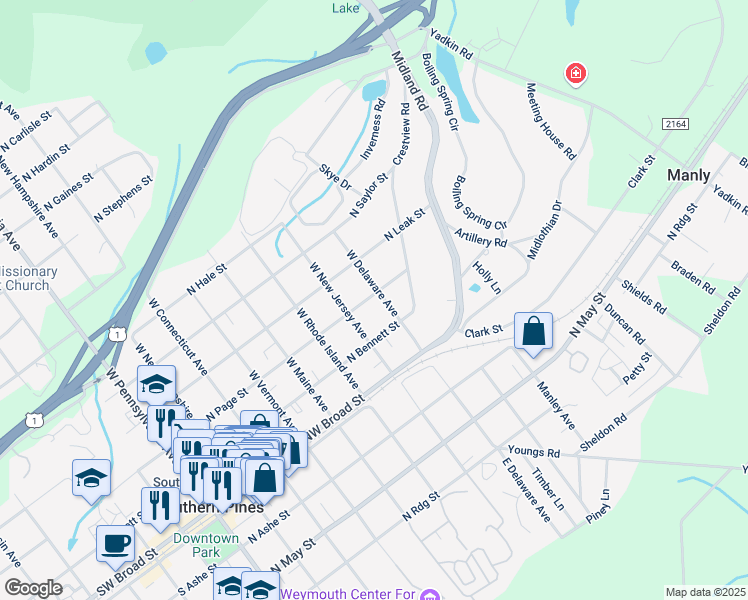 map of restaurants, bars, coffee shops, grocery stores, and more near 280 West Delaware Avenue in Southern Pines