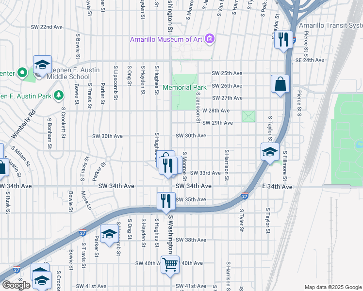 map of restaurants, bars, coffee shops, grocery stores, and more near 3008 South Monroe Street in Amarillo