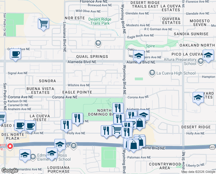 map of restaurants, bars, coffee shops, grocery stores, and more near 7320 Tricia Road Northeast in Albuquerque