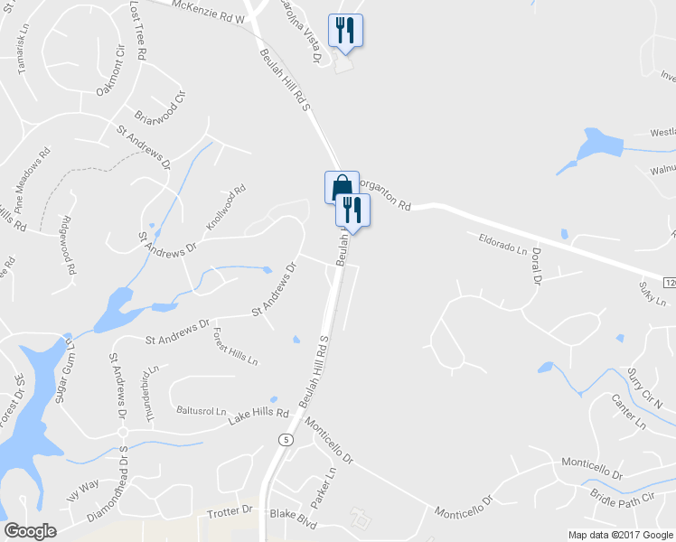 map of restaurants, bars, coffee shops, grocery stores, and more near 411 Beulah Hill Road South in Pinehurst