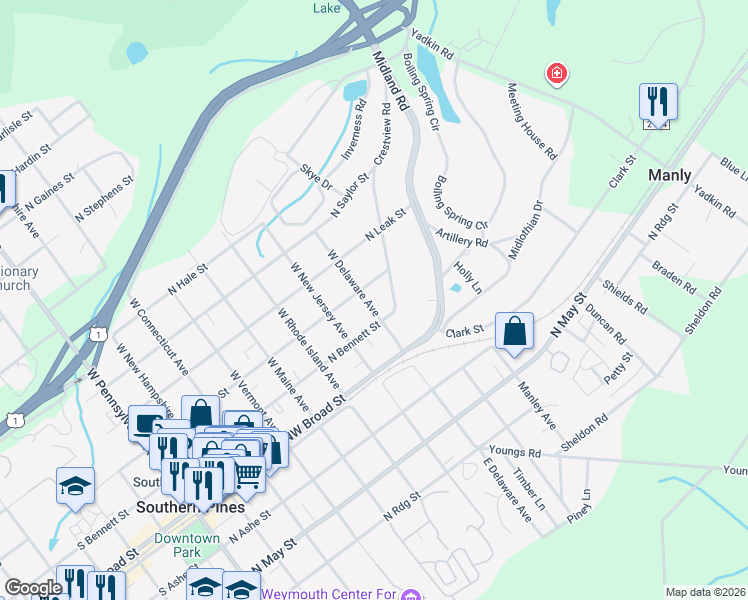 map of restaurants, bars, coffee shops, grocery stores, and more near 240 West Delaware Avenue in Southern Pines