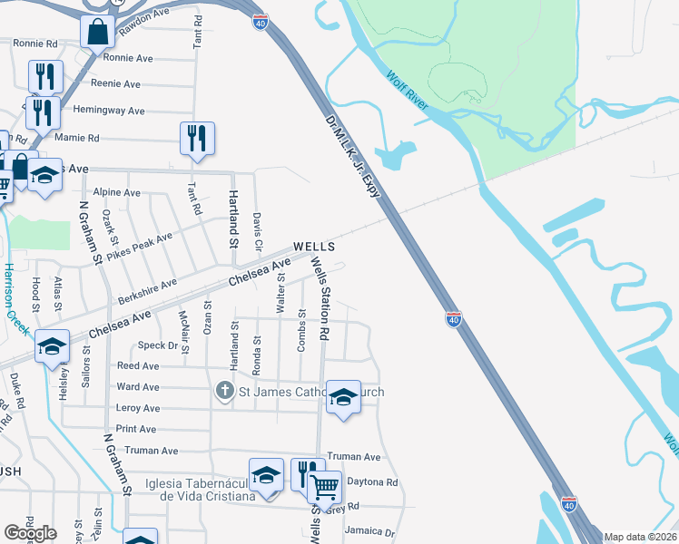 map of restaurants, bars, coffee shops, grocery stores, and more near 1790 Wells Station Road in Memphis