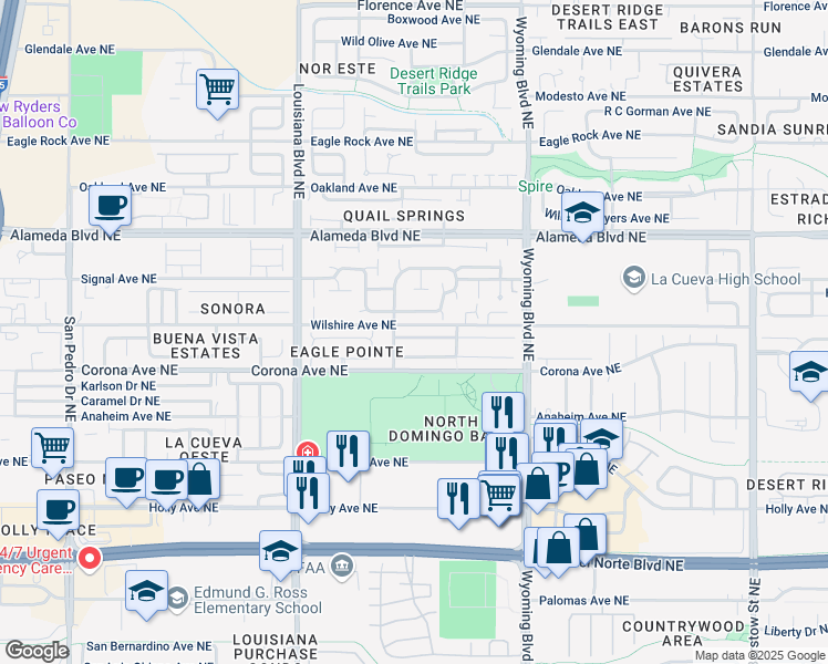 map of restaurants, bars, coffee shops, grocery stores, and more near 7215 Tricia Road Northeast in Albuquerque