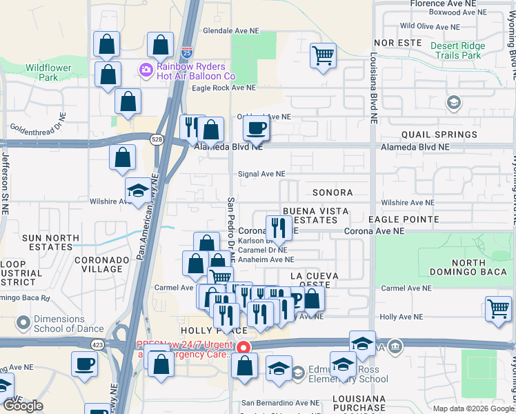 map of restaurants, bars, coffee shops, grocery stores, and more near 8515 Rancho Del Cerro Drive Northeast in Albuquerque