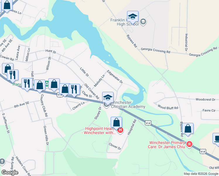 map of restaurants, bars, coffee shops, grocery stores, and more near 210 Homeward Avenue in Winchester