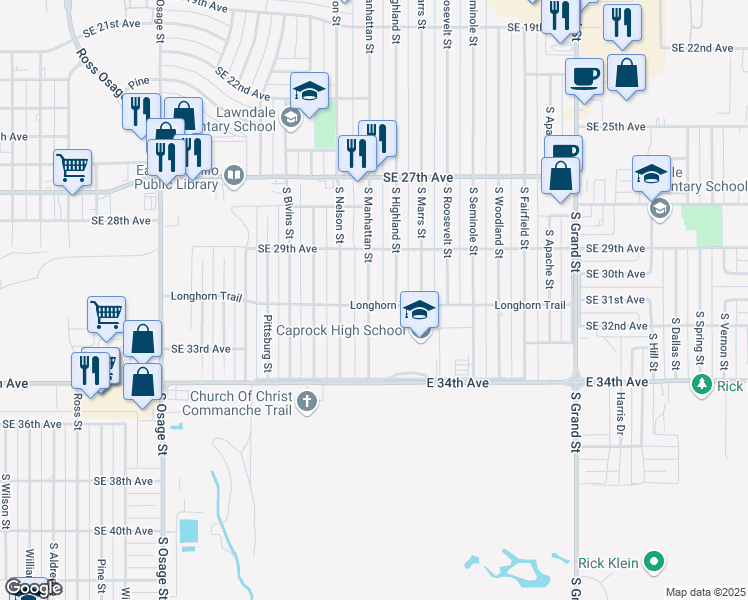 map of restaurants, bars, coffee shops, grocery stores, and more near 2921 South Manhattan Street in Amarillo