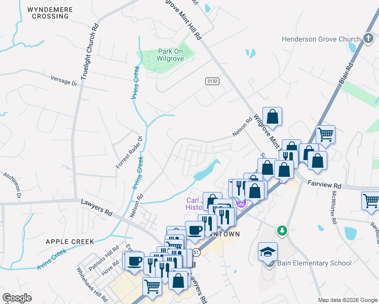 map of restaurants, bars, coffee shops, grocery stores, and more near 7412 Nelson Road in Mint Hill