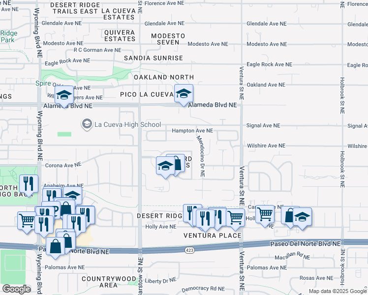 map of restaurants, bars, coffee shops, grocery stores, and more near 8608 Vineyard Ridge Road Northeast in Albuquerque