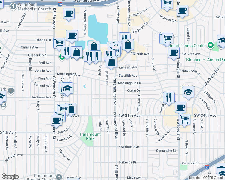 map of restaurants, bars, coffee shops, grocery stores, and more near 3110 Paramount Boulevard in Amarillo