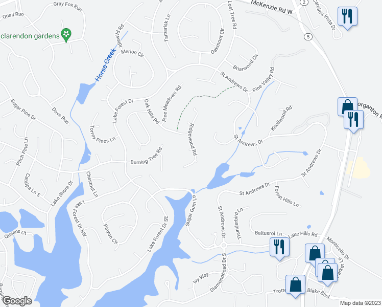 map of restaurants, bars, coffee shops, grocery stores, and more near 75 Ridgewood Road in Pinehurst