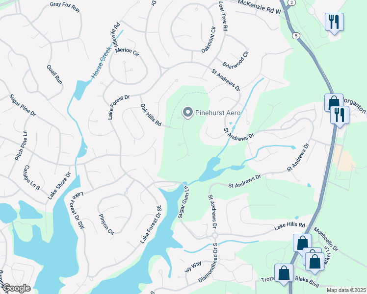 map of restaurants, bars, coffee shops, grocery stores, and more near 75 Ridgewood Road in Pinehurst