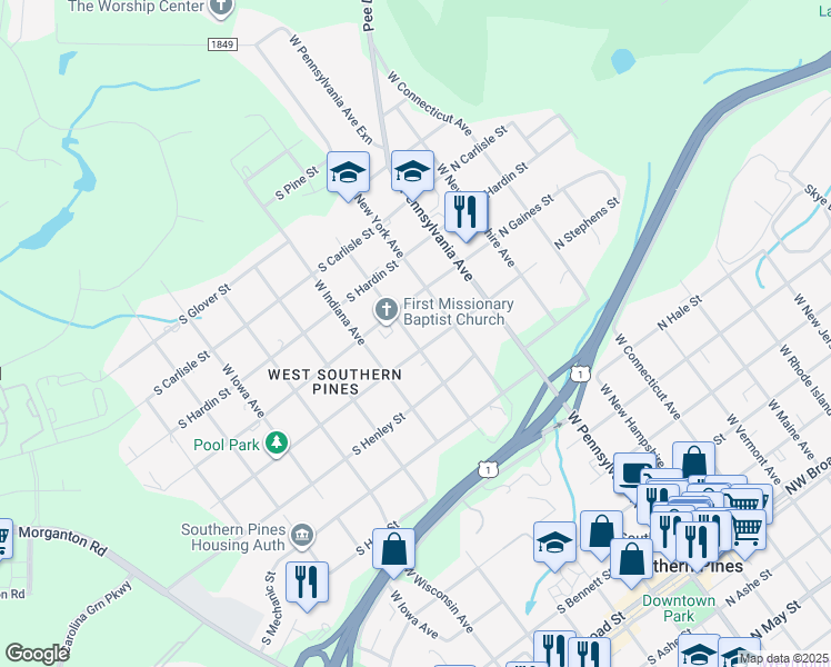 map of restaurants, bars, coffee shops, grocery stores, and more near 310 South Stephens Street in Southern Pines