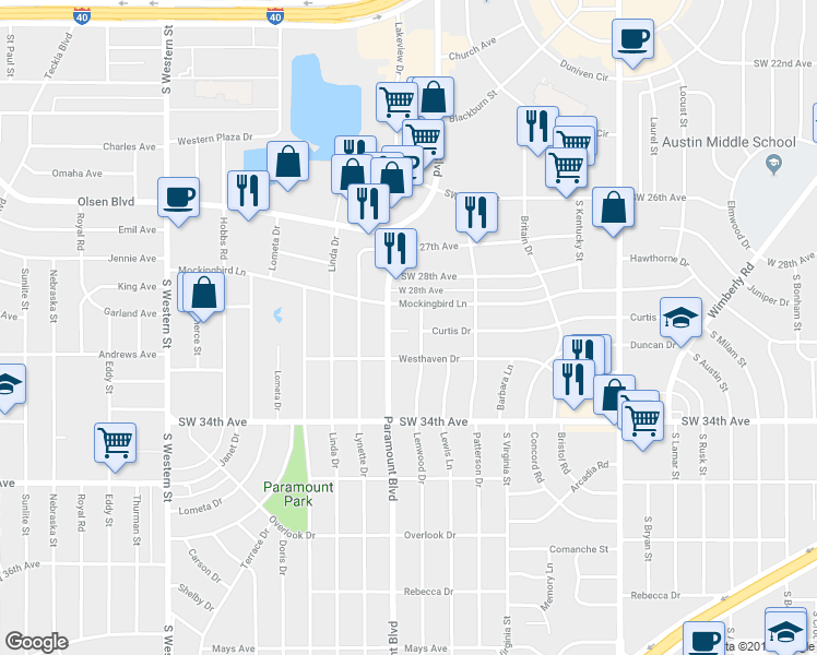 map of restaurants, bars, coffee shops, grocery stores, and more near 3208 Villa Place in Amarillo