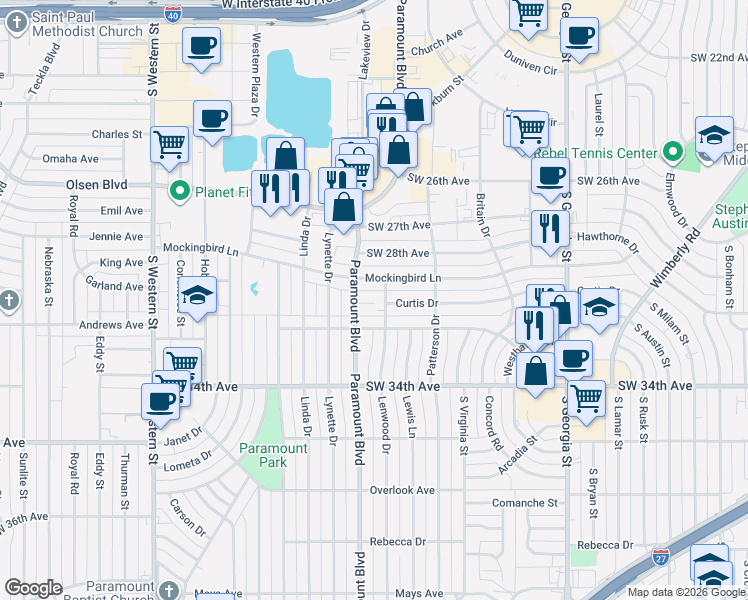 map of restaurants, bars, coffee shops, grocery stores, and more near 3115 Curtis Drive in Amarillo