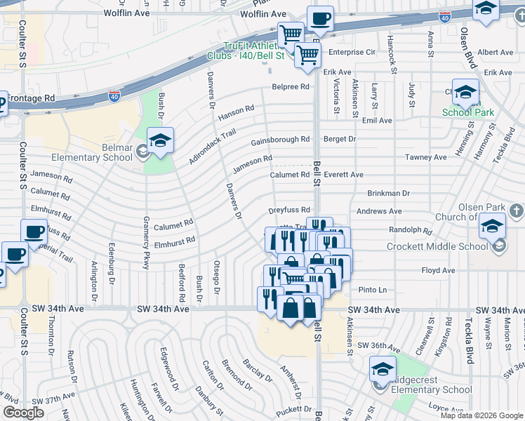 map of restaurants, bars, coffee shops, grocery stores, and more near 6105 Dreyfuss Road in Amarillo