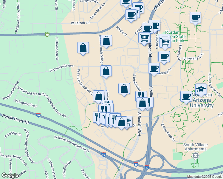 map of restaurants, bars, coffee shops, grocery stores, and more near 2100 South Woodlands Village Boulevard in Flagstaff