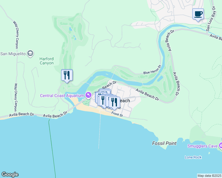 map of restaurants, bars, coffee shops, grocery stores, and more near 217 San Miguel Street in Avila Beach