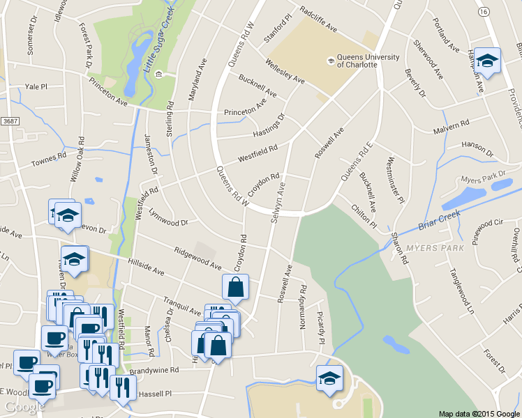 map of restaurants, bars, coffee shops, grocery stores, and more near 2016 Queens Road West in Charlotte