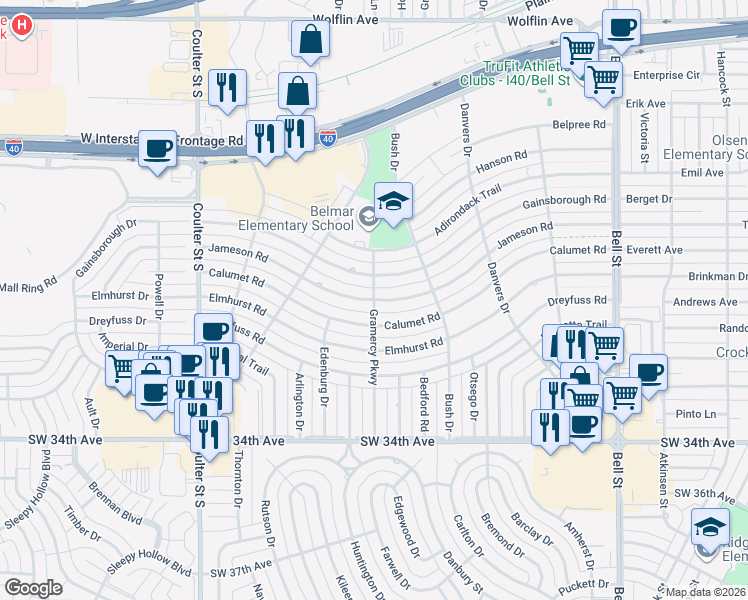 map of restaurants, bars, coffee shops, grocery stores, and more near 2800 Gramercy Parkway in Amarillo