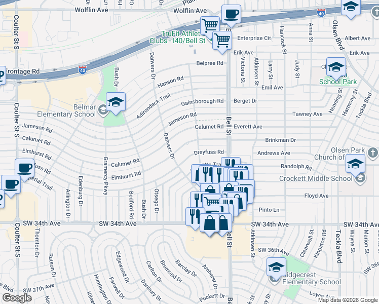 map of restaurants, bars, coffee shops, grocery stores, and more near 6105 Dreyfuss Road in Amarillo