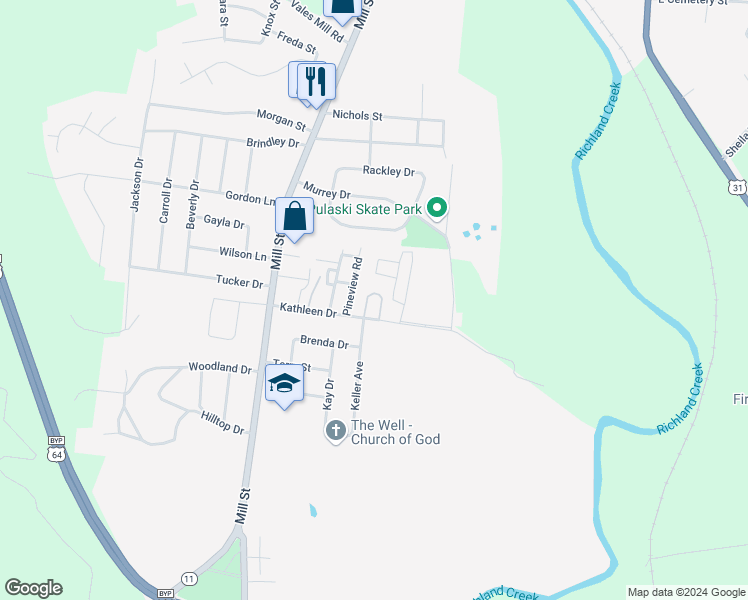 map of restaurants, bars, coffee shops, grocery stores, and more near 302 Peeble Court in Pulaski